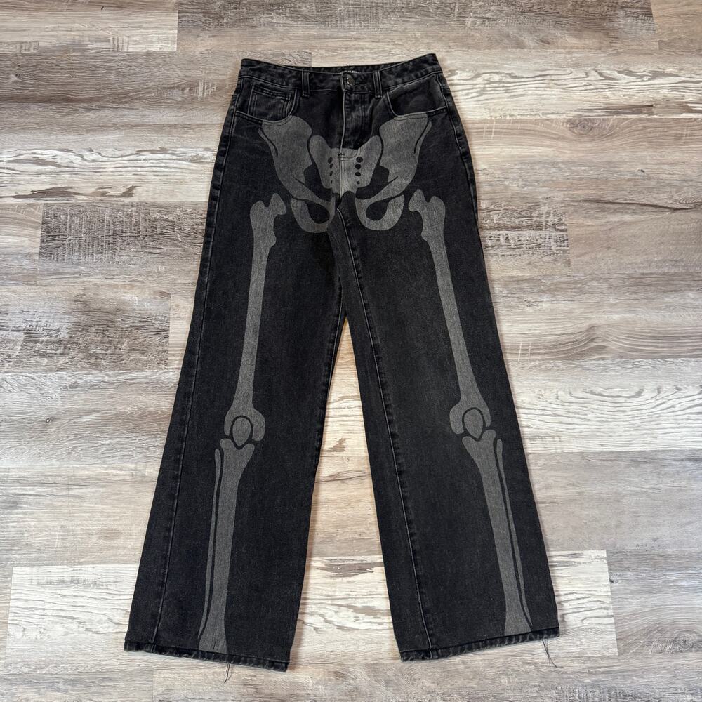 Trickz N Treatz Dolls Kill Skeleton Baggy Jeans Black Goth Halloween Wide Leg S